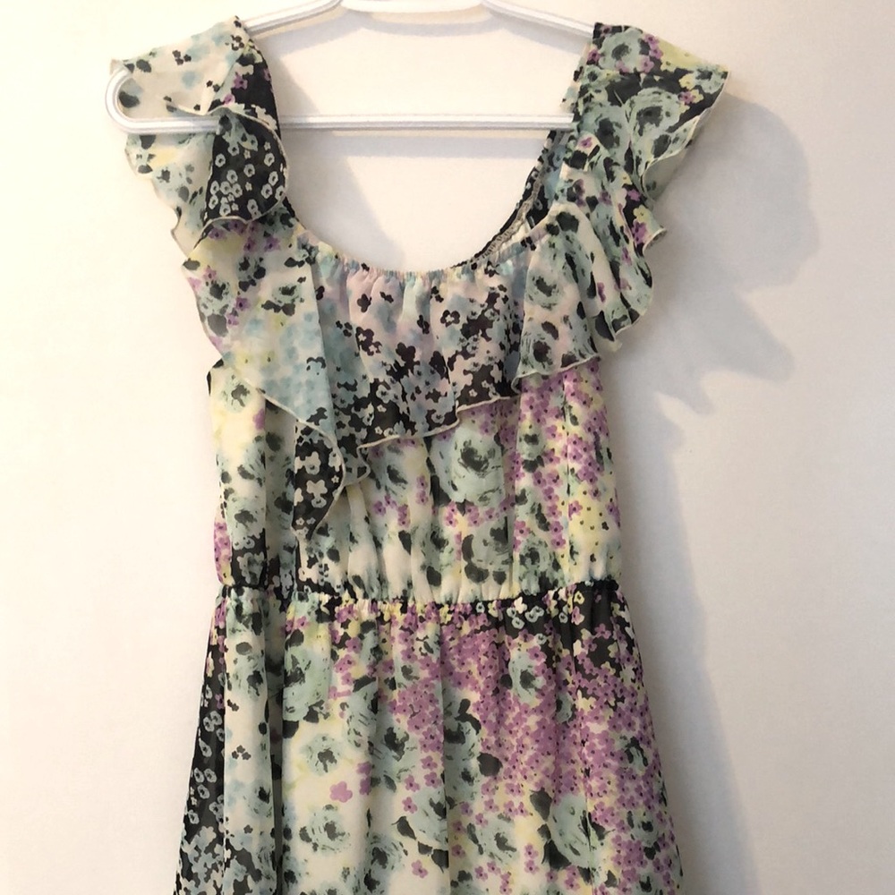Ruffled, floral off the shoulder dress